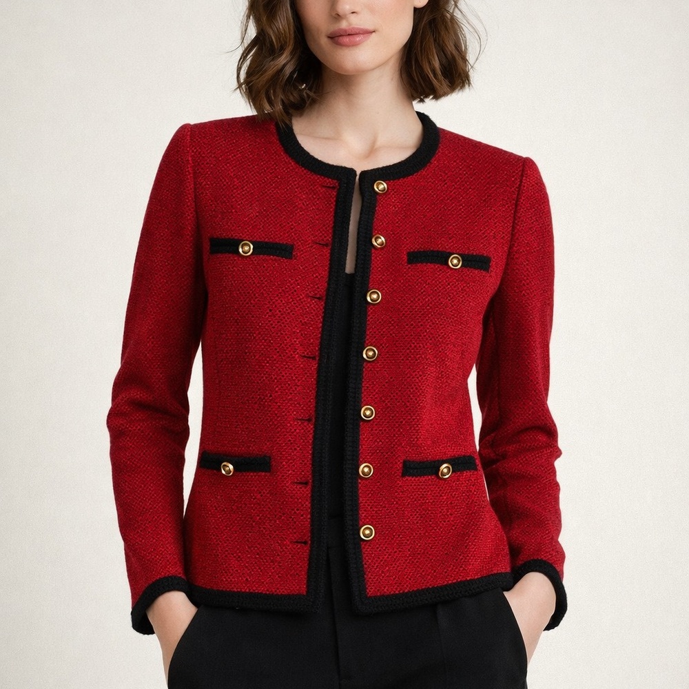 St John Red Black Knit Jacket Gold Buttons Wool Blend Size 2